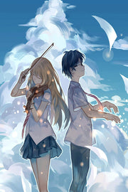Your Lie in April wall art print of Kaori with a violin and Kousei at an unseen piano amid blue clouds.