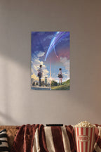 Your Name Anime Meteor Shower in a cozy movie room above a brown sofa with popcorn.