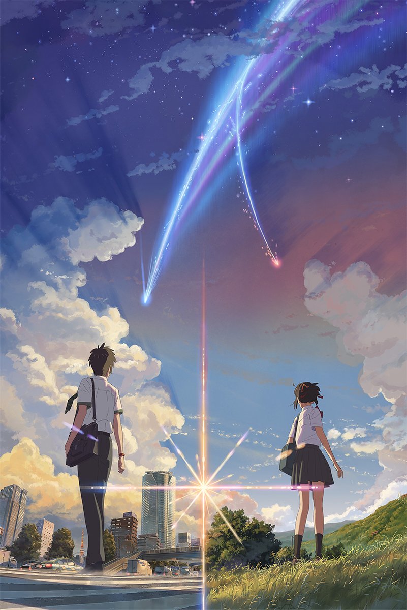 Your Name anime poster depicts two uniformed students beneath luminous comet trails above a city and green hillside.