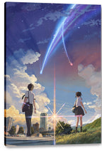 Your Name canvas wall art print displays two students watching a blue and violet comet over city buildings and green hills.