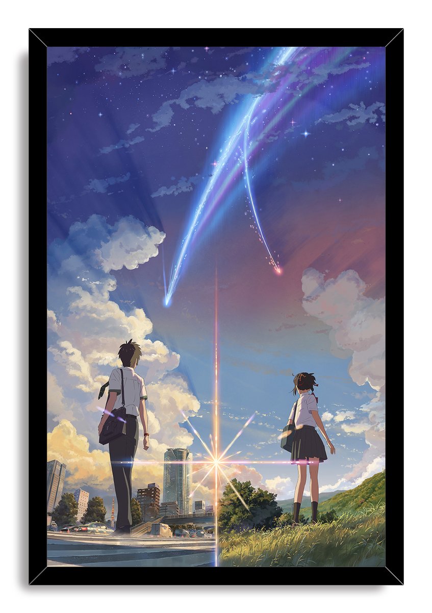 Your Name framed wall art print features two school students under a radiant comet and star-filled twilight sky.