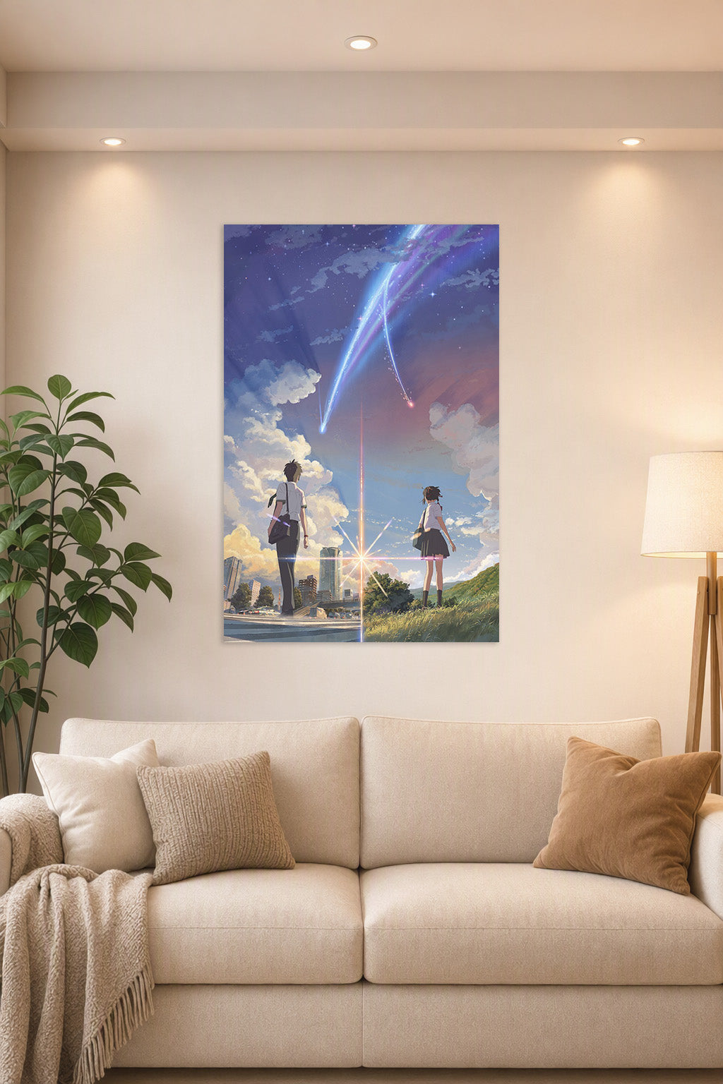 Your Name Kimi no Na wa in a bright living room above a beige sofa.