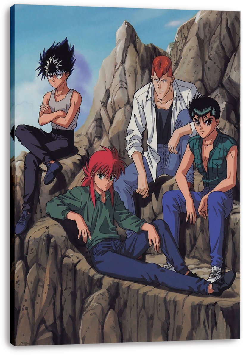 Yu Yu Hakusho canvas wall art print displays Yusuke, Hiei, Kurama, and Kuwabara resting among tall rocky cliffs.