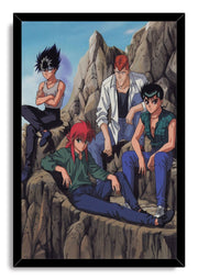 Framed Yu Yu Hakusho wall art print portrays four Spirit Detectives seated on stone ledges against a clear blue sky.