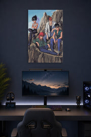 Yu Yu Hakusho Spirit Detectives in a gaming desk setup above a monitor.