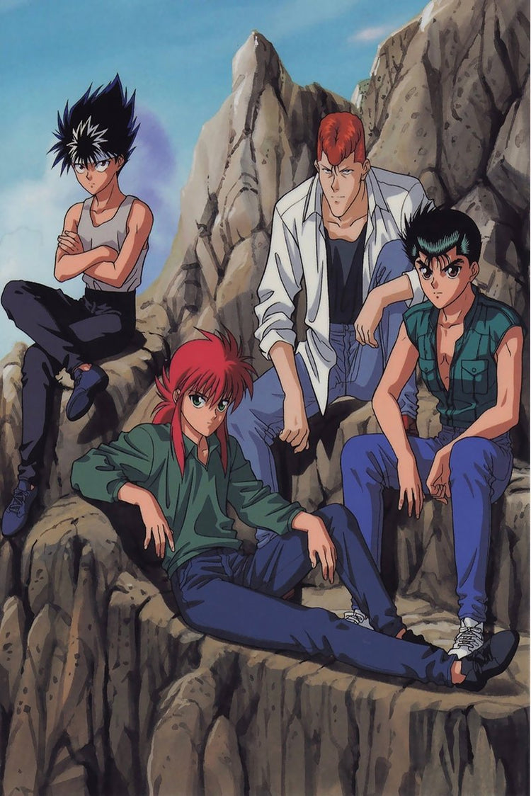 Yu Yu Hakusho poster features Yusuke, Hiei, Kurama, and Kuwabara seated on rugged cliffs beneath a blue sky.