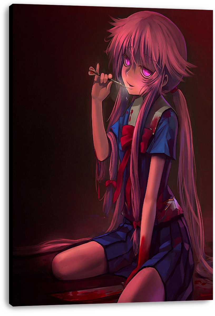 Yuno Gasai canvas wall art print features the pink-haired girl in a blue uniform, seated beside a blood-streaked blade.