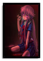 Yuno Gasai framed wall art print depicts the pink-haired schoolgirl holding a dart, set in a black frame with dark crimson tones.