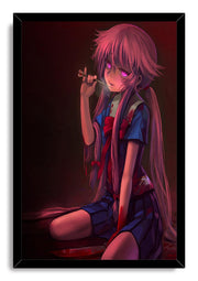 Yuno Gasai framed wall art print depicts the pink-haired schoolgirl holding a dart, set in a black frame with dark crimson tones.