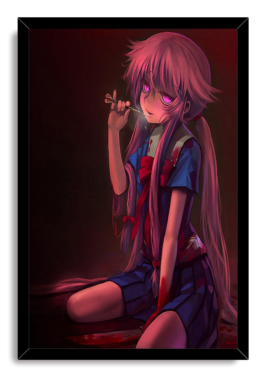 Yuno Gasai framed wall art print depicts the pink-haired schoolgirl holding a dart, set in a black frame with dark crimson tones.