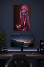 Yuno Gasai in a gaming desk setup above a monitor.