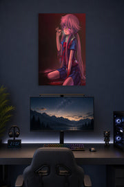 Yuno Gasai in a gaming desk setup above a monitor.