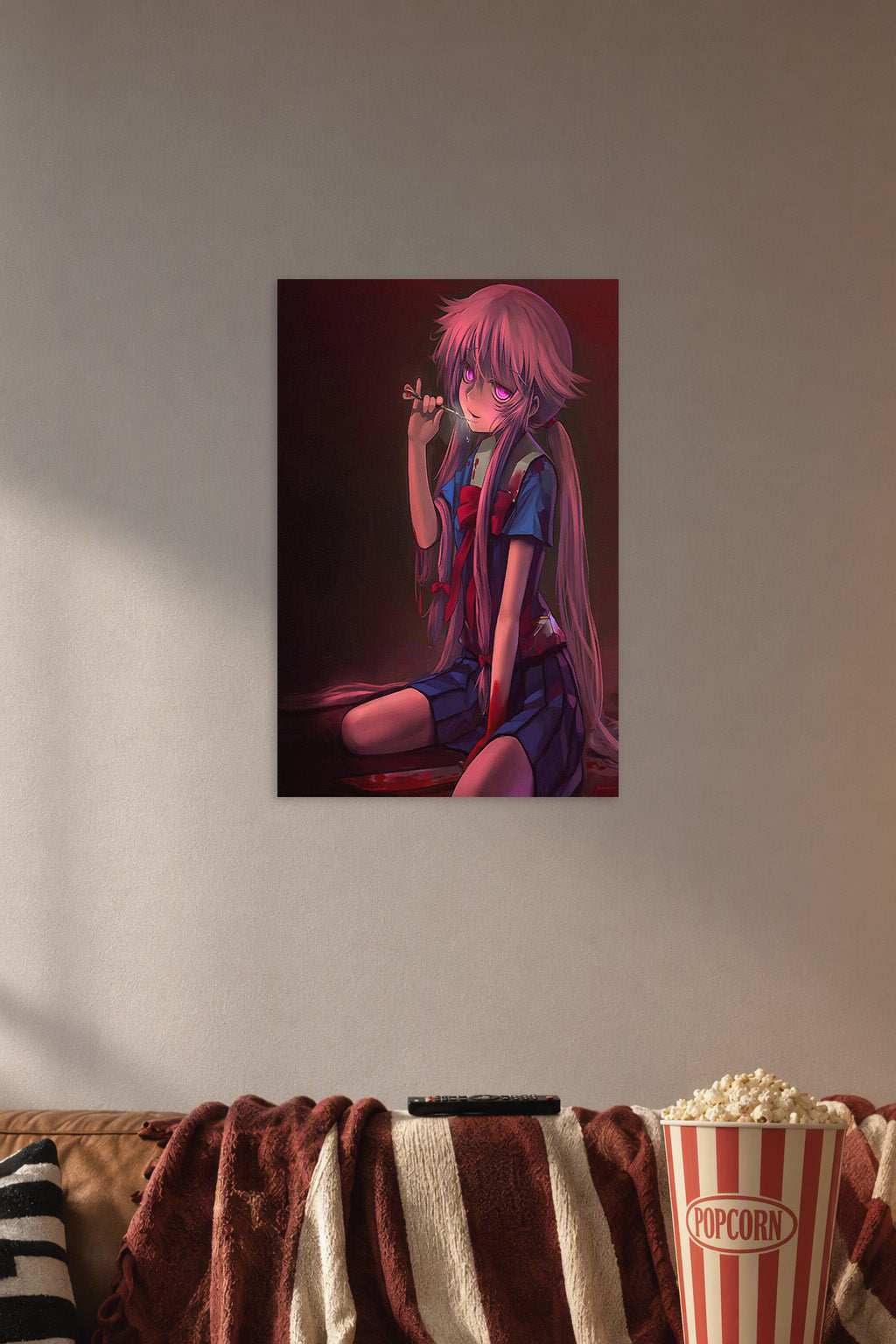 Yuno Gasai in a cozy movie room above a brown sofa with popcorn.