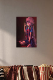 Yuno Gasai in a cozy movie room above a brown sofa with popcorn.