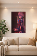 Yuno Gasai in a bright living room above a beige sofa.