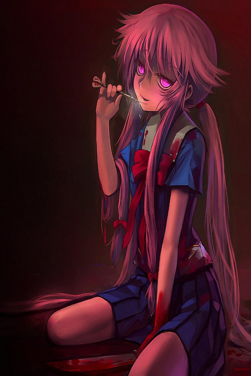 Yuno Gasai wall art print portrays the pink-haired schoolgirl seated with a small dart against a dark red background.