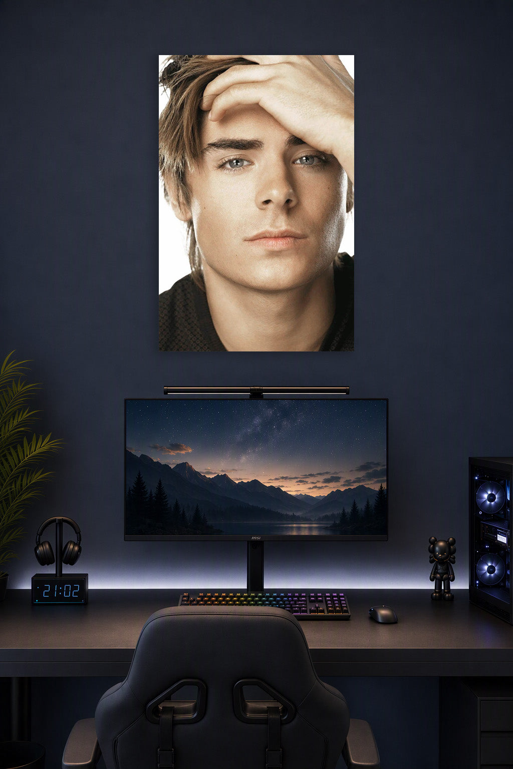Zac Efron in a gaming desk setup above a monitor.