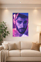 Zayn Malik in a bright living room above a beige sofa.