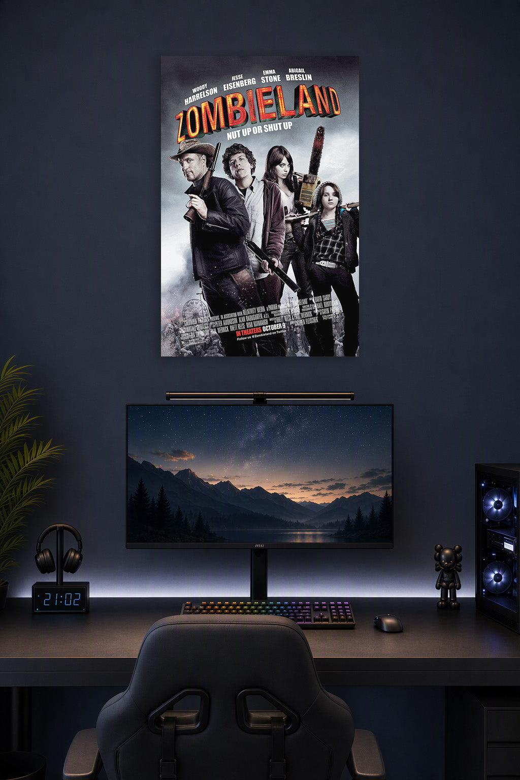Zombieland Movie Cast in a gaming desk setup above a monitor.