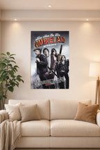 Zombieland Movie Cast in a bright living room above a beige sofa.