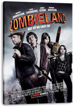 Zombieland canvas wall art print featuring four armed characters, red title lettering, credits, and a visible black canvas edge.