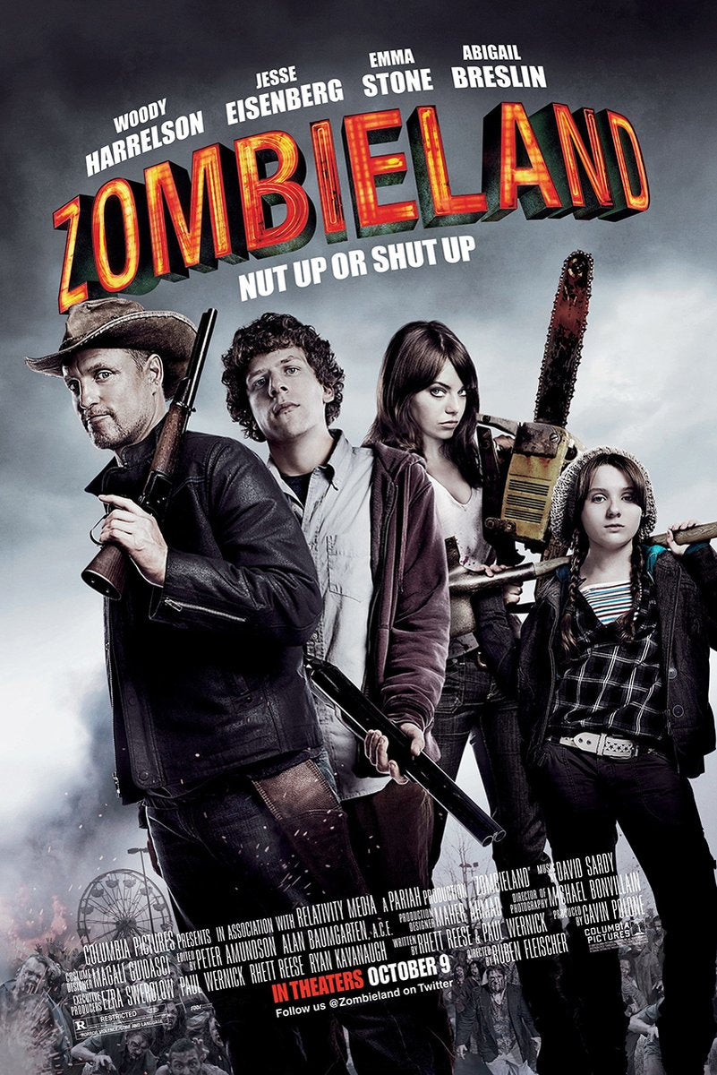 Zombieland movie poster wall art print with four armed survivors beneath a red marquee title and stormy gray sky.