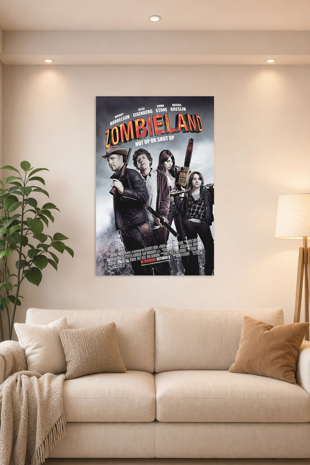 Zombieland Movie Poster in a bright living room above a beige sofa.