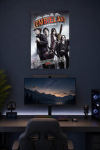 Zombieland Movie Poster in a gaming desk setup above a monitor.