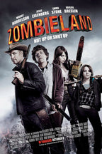 Zombieland movie poster featuring four armed survivors beneath bold red title lettering against a smoky gray sky.