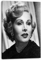 Zsa Zsa Gabor canvas wall art print presents a black-and-white glamour portrait, with visible wrapped canvas edges and pearl jewelry.