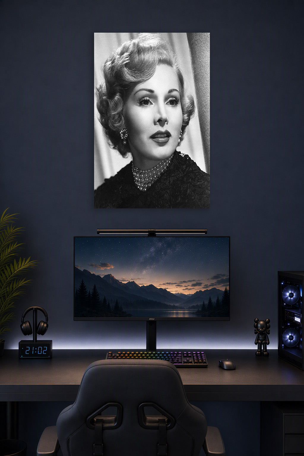 Zsa Zsa Gabor in a gaming desk setup above a monitor.