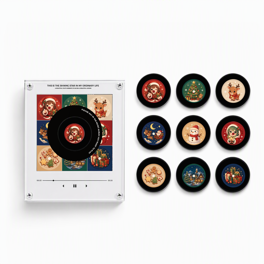 White NFC magnetic player with nine black-rimmed Cute Anime Christmas discs featuring chibi festive characters, trees, reindeer, snowman, snowy house, cookies, and gifts.
