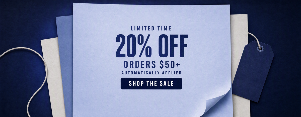 20% off orders $50+, automatically applied. Limited-time sale on navy and periwinkle layered paper cards. Shop the sale.