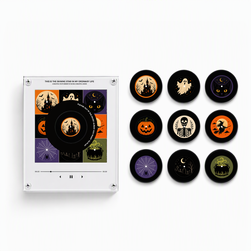 White acrylic Halloween NFC magnetic music player with LED lighting and nine black discs featuring a ghost, witch, pumpkin, cat, castle, skeleton, spiderweb, graveyard, and cauldro