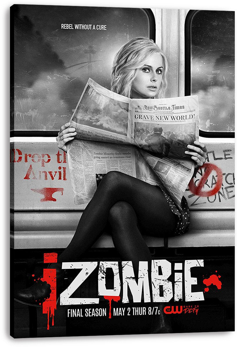 iZombie canvas wall art print presents Liv Moore reading a newspaper on a train, with distressed white and red series lettering.