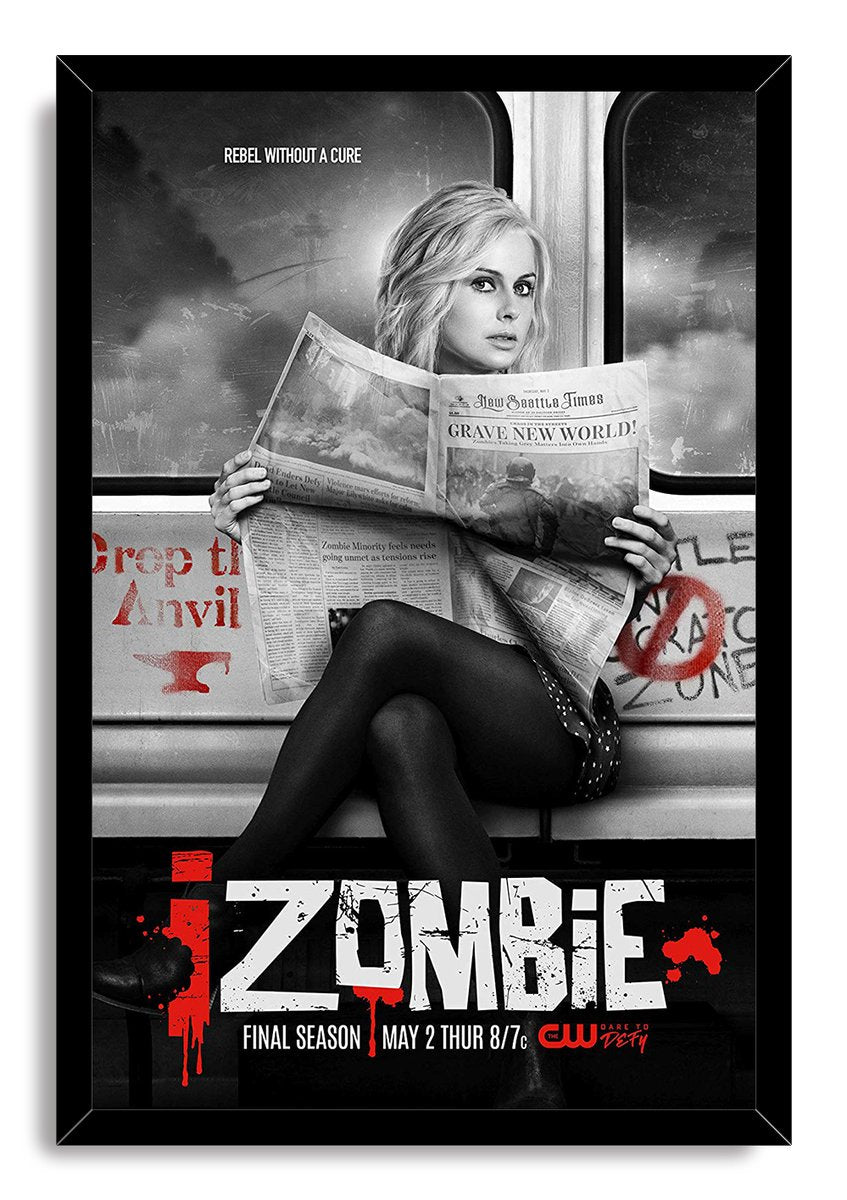 iZombie framed wall art print depicts Liv Moore on a train with a newspaper, graffiti backdrop, and red-splattered title typography.