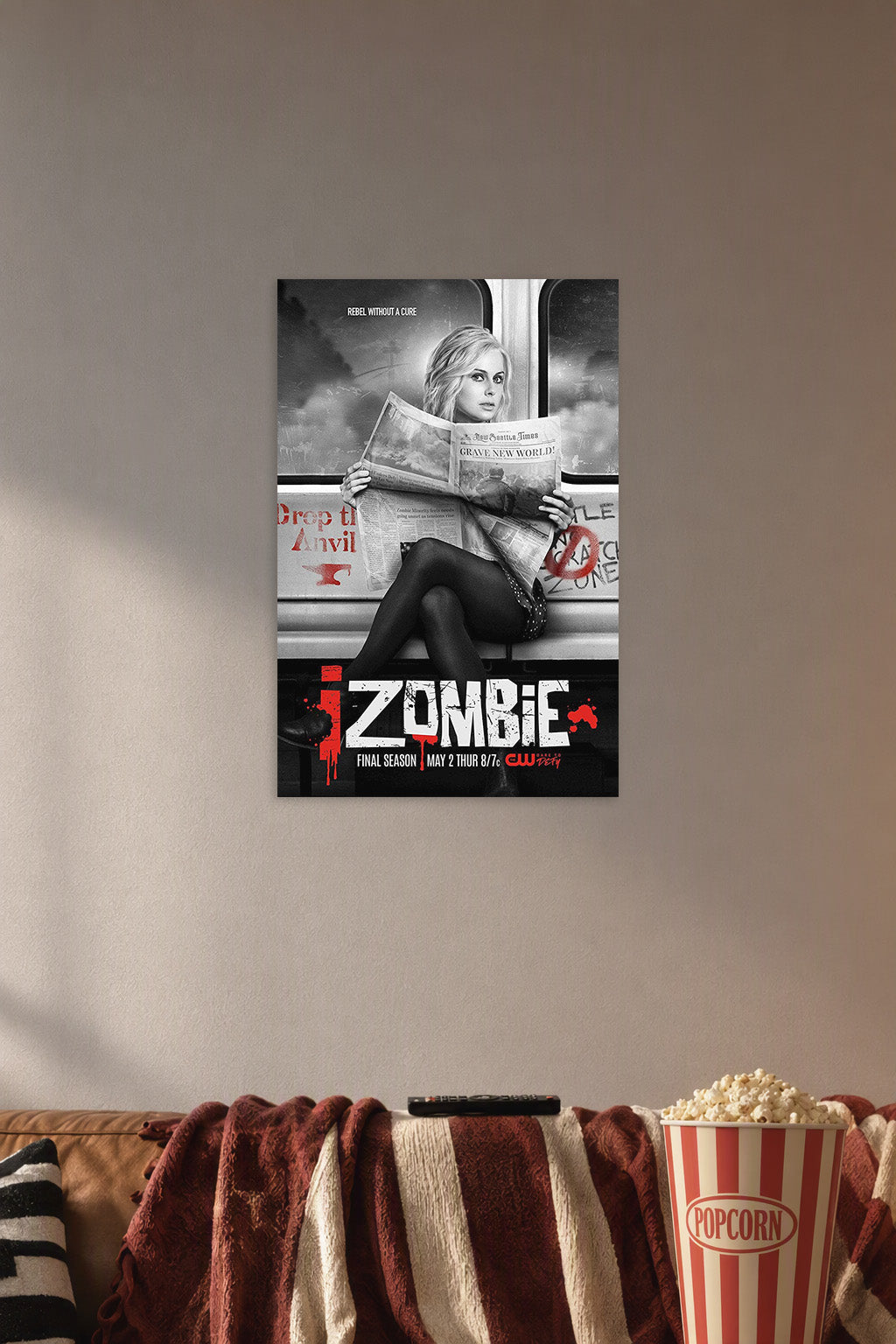 iZombie Liv Moore TV Series Poster in a cozy movie room above a brown sofa with popcorn.