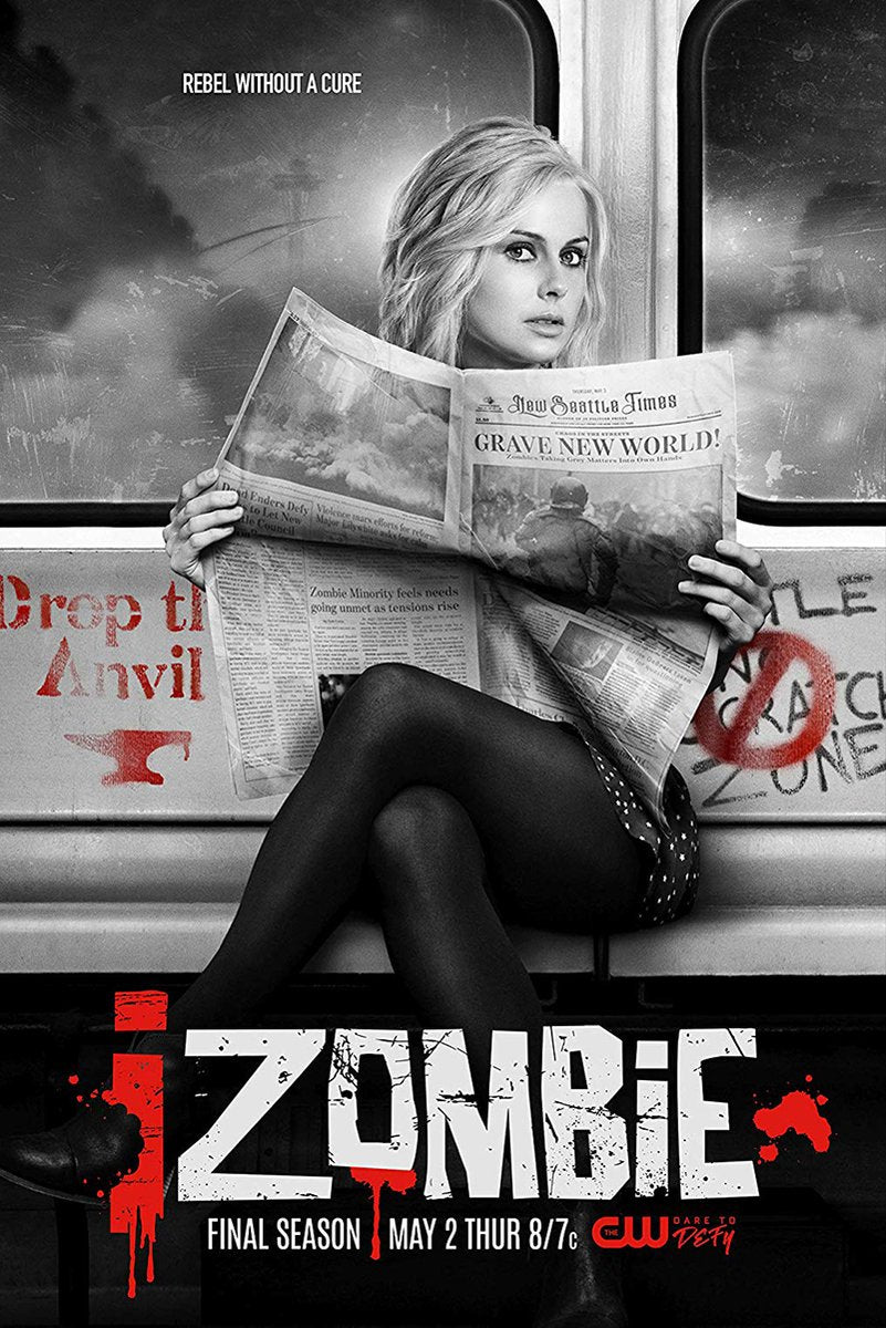 iZombie poster features Liv Moore seated on a train reading a Grave New World newspaper in monochrome with red accents.