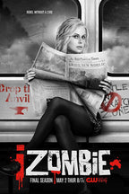iZombie poster features Liv Moore seated on a train reading a Grave New World newspaper in monochrome with red accents.