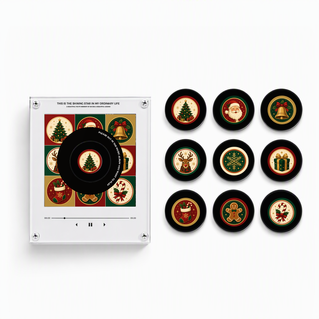 White Christmas NFC magnetic music player with a holiday art panel, one mounted black disc, and nine illustrated discs for tree, Santa, bell, reindeer, snowflake, gift, stocking, g